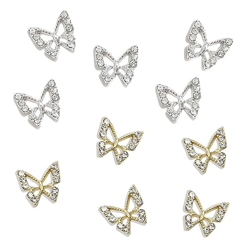 ASYKNM 10 Stück Legierungs-Schmetterlings-Nagel-Charms (5 Gold, 5 Silber) Metall-Schmetterlings-Nagel-Kunst-Anhänger Strasssteine für Nägel Nagel-Edelsteine von ASYKNM