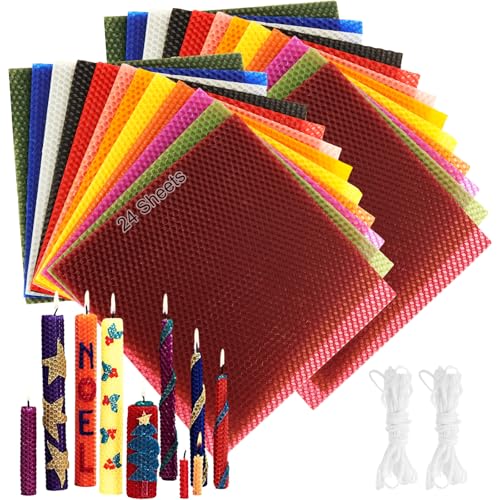 ASelected 24 Stück Bienenwachs-Kerzenherstellungs Set, 12 Farben Bienenwachsplatten für kerzen (20 * 20 cm) mit 6m Baumwolldocht, DIY-Kerzen Bienenwachs-Kerzen Selber Machen von ASelected