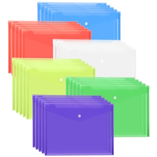 ASelected 30 Stück A4-Knopf-Datei-Tasche, farblich sortierte Farben, für Büro, Schule, Zuhause von ASelected