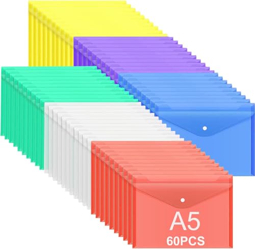 ASelected 60 Stück Dokumentenmappe A5 mit Druckknopf, Dokumentenmappe A5 Transparent A5 Sichttasche Dokumententasche A5 zum Abheften für Organizer Dokumente - 6 Farben von ASelected