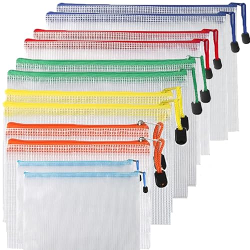 ATB-Foger 12 Pcs Mesh Plastic Zip Bag Dokumententaschen mit Reißverschluss Kunststoff Mesh Datei Taschen für Schule, Zuhause, Büro, Reisen, Kosmetika 6 Größen von ATB-Foger
