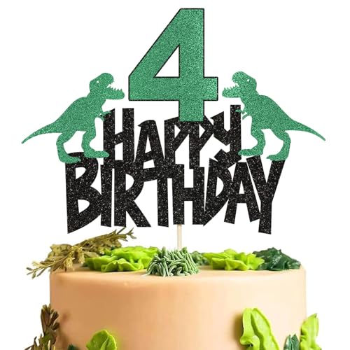 „ATBEAMEN“ Dinosaurier-Party-Kuchenaufsätze für Jungen zum 4. Geburtstag, Dino-Cartoon-Themen-Geburtstags-Dinosaurier-Kuchenaufsätze, alles Gute zum 4. Geburtstag-Kuchenaufsatz für Kinder, Jungen, Mä von "ATBEAMEN