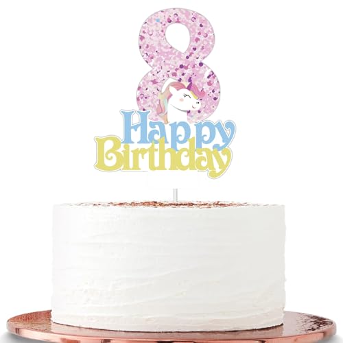 „ATBEAMEN“ Einhorn-Party-Kuchenaufsätze für Mädchen zum 8. Geburtstag, Mädchen-Einhorn-Cartoon-Themen-Geburtstags-Einhorn-Kuchenaufsätze, alles Gute zum 8. Geburtstag-Kuchenaufsatz für Kinder, Mädche von "ATBEAMEN