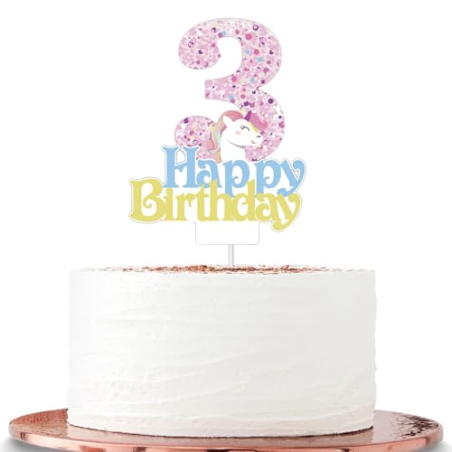 Einhorn-Party-Kuchenaufsätze für Mädchen zum 3. Geburtstag, Mädchen, Einhorn-Cartoon-Thema, Geburtstag, Einhorn-Kuchenaufsätze, Happy 3. Geburtstag, Kuchendekoration für Kinder, Mädchen, von ATBEAMEN
