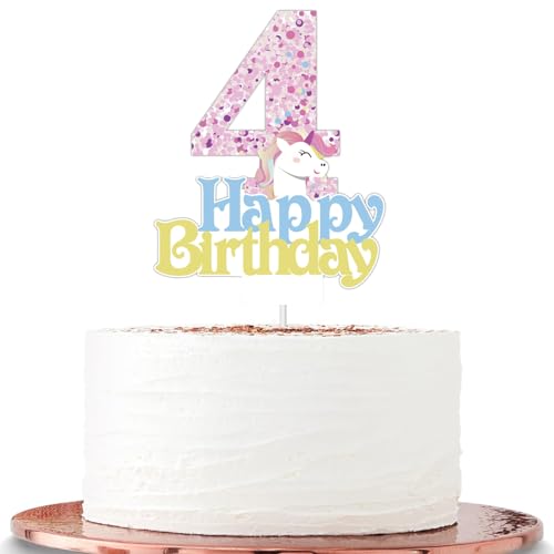 Einhorn-Party-Kuchenaufsätze für Mädchen zum 4. Geburtstag, Mädchen, Einhorn-Cartoon-Thema, Geburtstag, Einhorn-Kuchenaufsätze, Happy 4. Geburtstag, Kuchendekoration für Kinder, Mädchen, von ATBEAMEN