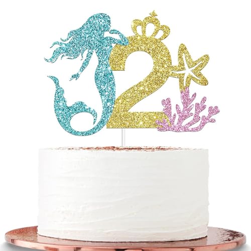 Meerjungfrauen-Party-Kuchenaufsätze für Mädchen, 2. Geburtstag, Meerjungfrauen-Cartoon-Thema, Geburtstag, Meerjungfrauen-Kuchenaufsätze, Happy 2. Geburtstag, Kuchendekora von ATBEAMEN