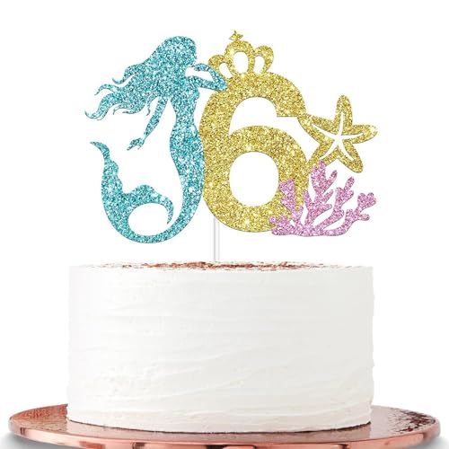 „ATBEAMEN“ Meerjungfrauen-Party-Kuchenaufsätze für Mädchen zum 6. Geburtstag, Meerjungfrauen-Cartoon-Themen-Geburtstags-Meerjungfrauen-Kuchenaufsätze, alles Gute zum 6. Geburtstag-Kuchenaufsatz für K von "ATBEAMEN