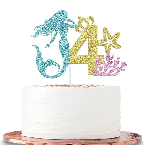 Meerjungfrauen-Party-Kuchenaufsätze für Mädchen zum 4. Geburtstag, Meerjungfrauen-Cartoon-Thema, Geburtstagskuchenaufsätze, Happy 4th Birthday, Kuchendekoration für Kinde von ATBEAMEN