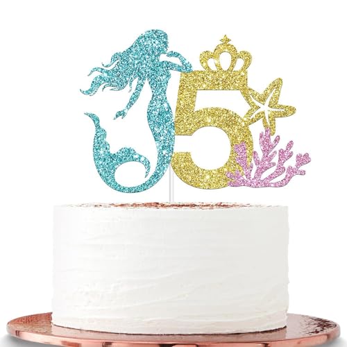 ATBEAMEN Meerjungfrauen-Party-Kuchenaufsatz für Mädchen zum 5. Geburtstag, Meerjungfrau-Cartoon-Motto-Geburtstags-Meerjungfrau-Kuchenaufsatz, alles Gute zum 5. Geburtstag-Kuchenaufsatz für Kinder, Ju von ATBEAMEN