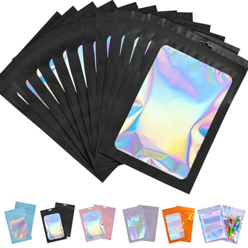 Mylar-Holografische Beutel, 12 x 20 cm, schwarz, geruchsdicht, wiederverschließbare Süßigkeitenbeutel, kleine Plastiktüten für Lipgloss, Schmuck, Wimpern, Lebensmittelaufbewahrung, Geschenk von ATBEAMEN