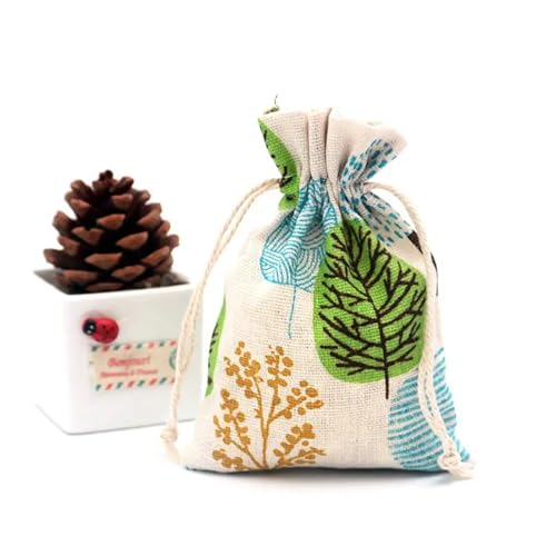 Baumwoll-Muselin Geschenkbeutel Grüne Blätter Design Baumwolltaschen Kleine Musselin-Armband-Schmuckverpackungsbeutel Leinen-Beutel mit Kordelzug Geschenkbeutel(Gold green trees) von ATEUXOL
