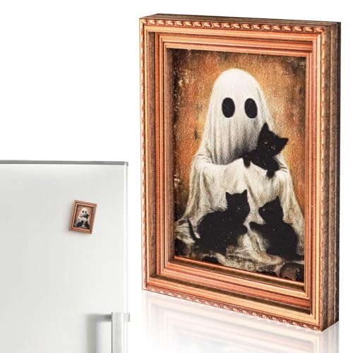 Kühlschrankmagnet, Motiv: Halloween-Geist, Ölgemälde, aus Holz, Retro-Bilderrahmen, magnetischer Kühlschrankmagnet, niedlicher Geist mit schwarzer Katze, Bilderhalter für Kühlschrankdekoration von ATLKDLK