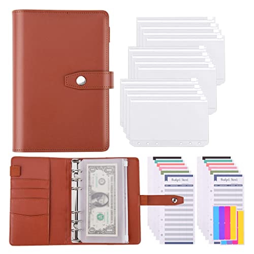 A6 PU-Leder-Budget-Ordner, Geldumschläge, Organizer mit 12 Bindertaschen, Budgetblätter, Aufkleberbögen zum Geldsparen (Farbe: A) von ATNCKS
