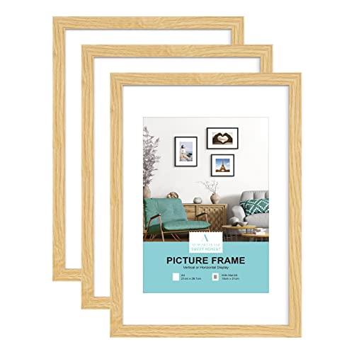 ATOBART A4 Zertifikat Bilderrahmen,Helles Holz Fotorahmen mit Passepartout für A5 Druck,Posterrahmen mit Kunststoffglas für Wandmontage Display,21x30 cm,Set von 3 von ATOBART