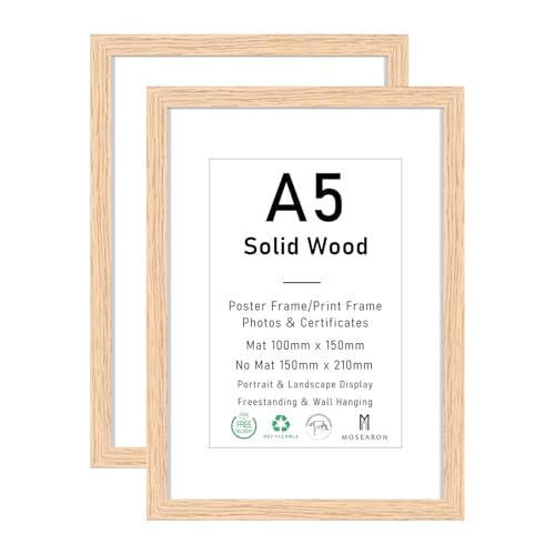 ATOBART A5 Zertifikat Bilderrahmen,EICHE Holz Bilderrahmen mit Passepartout für 4x6 Druck,Posterrahmen mit Plexi-glass für Wandmontage Display,15x21 cm,Set von 2 von ATOBART