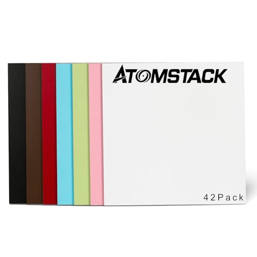 ATOMSTACK 42 Stück mit Lasergravur Beidseitig farbig gebeizt in sieben Farben MDF-Sperrholz, Stärke 3 mm, Maße 300 * 300 mm, zum Schnitzen, Gravieren, Malen und Dekorieren von ATOMSTACK