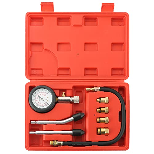 ATPEAM Kompressionsprüfer Set， Kompressionsmessgerät für Motor Kompression prüfen meßen Kfz, 0–20 Bar / 0–300 PSI, Kompressionstester mit 4 Adapter M10 M12 M14 M18 (Rot) von ATPEAM