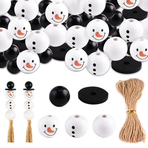 ATSGJLZN 100PCS Schneemann Holzperlen Weihnachten, Holzkugeln mit Schneemänner Gesicht 20mm Holzperlen mit Loch Natur für DIY Weihnachtsbasteln Winter-Dekorationen (Hanfseil 10m) von ATSGJLZN