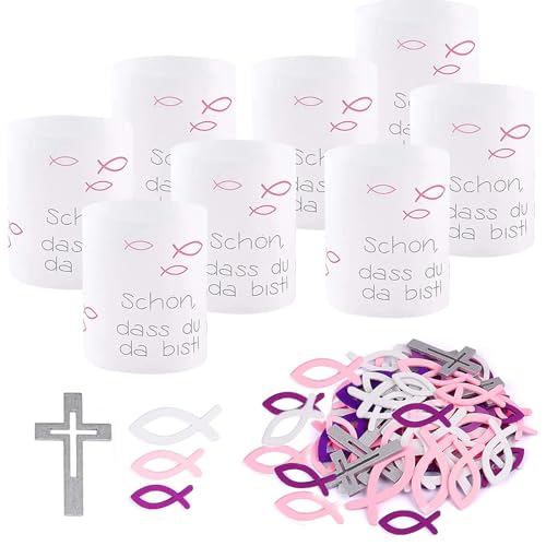 ATSGJLZN Kommunion Deko,8er Windlicht Konfirmation 90er Holzfische Kommunion 10er Kreuz, Tischdeko Konfirmation Deko Erstkommunion Deko für Streudeko Taufe Junge Mädchen（ROSA von ATSGJLZN