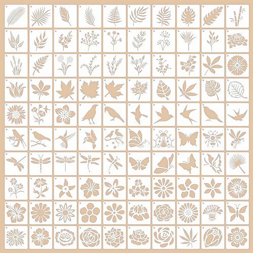 ATSGJLZN Schablonen Kinder,100er Malschablonen Kinder,5 * 5cm Blume Blätter Vogel Airbrush Schablonen Textilgestaltung für DIY Scrapbooking Holz Leinwand Deko von ATSGJLZN