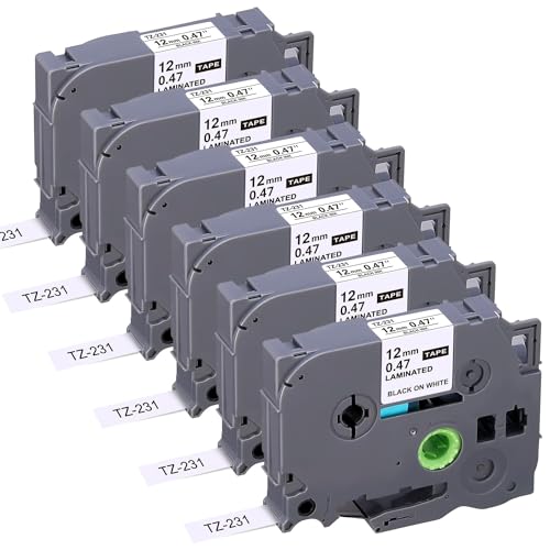 6er-Pack Ersatz-Beschriftungsband für TZe231 Brother P-Touch Beschriftungsgerät, 12mm (0,47 Zoll) laminiertes weißes Tz-Band, kompatibel mit PT-D210, PT-D200, PT-D220, PT-H100, PT-H110, PT-D600, Schw von ATTA