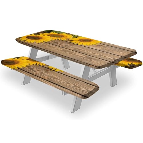 ATZGWUI Rechteckige Picknick-Tischdecke und Sitzbankbezüge, Sonnenblumen-Holzmaserung, elastische Kanten, rechteckige Tischdecke, für Picknicks, Camping, Outdoor-Reisen, 3 Stück, 183 x 71 cm von ATZGWUI