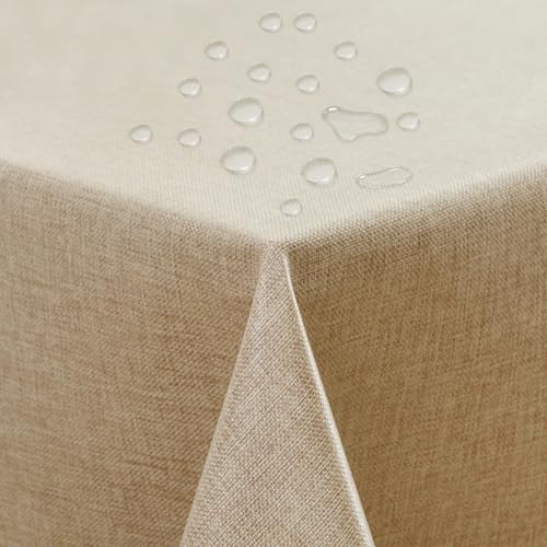 ATsense Tischdecke Abwaschbar Natur Beige, Tischdecken Bügelfrei Wasserabweisend, Fleckabweisend Table Cloth Leinenoptik,Tischtuch 140x200 cm Rechteckig von ATsense