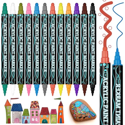 AUAUY 12PCS Acrylfarben Stifte, Acrylstifte für Steine Wasserfest mit Doppelspitze, Twin Tip Marker zum Zeichnen und Malen, Acrylic Paint Stifte Bemalen für Holz Keramik Glas Leinwand Keramik Basteln AUAUY 12PCS Acrylfarben Stifte, Acrylstifte für Steine Wasserfest mit Doppelspitze, Twin Tip Marker zum Zeichnen und Malen, Acrylic Paint Stifte Bemalen für Holz Keramik Glas Leinwand Keramik Basteln von AUAUY