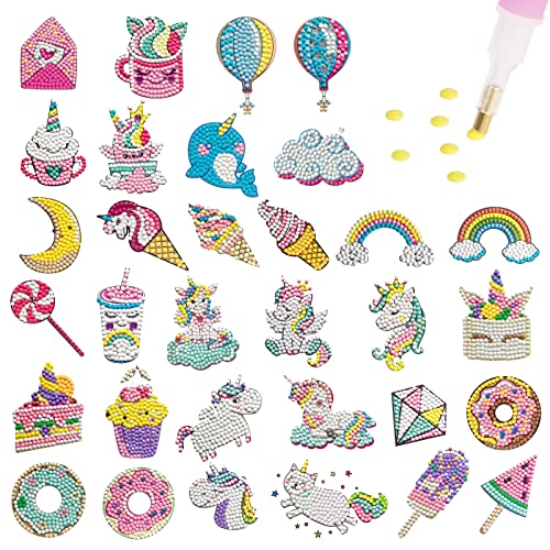AUAUY 32 PCS Diamant Painting Kinder Set, DIY Diamant Malerei Aufkleber, 5D Diamant Painting Bilder Sticker mit Werkzeug, Niedlich Diamond Painting Bilder für Kinder Spielzeug Geschenke (Einhorn) von AUAUY