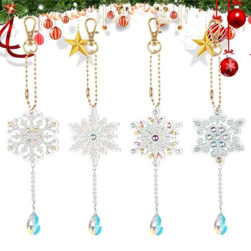 AUAUY 4PCS Diamond Painting Sonnenfänger Windspiel 5D Weihnachten Schneeflocken Anhänger DIY Doppelseitige Diamond Painting Schlüsselanhänger Kristall Hängender Ornament für Kinder Spielzeug Geschenke von AUAUY