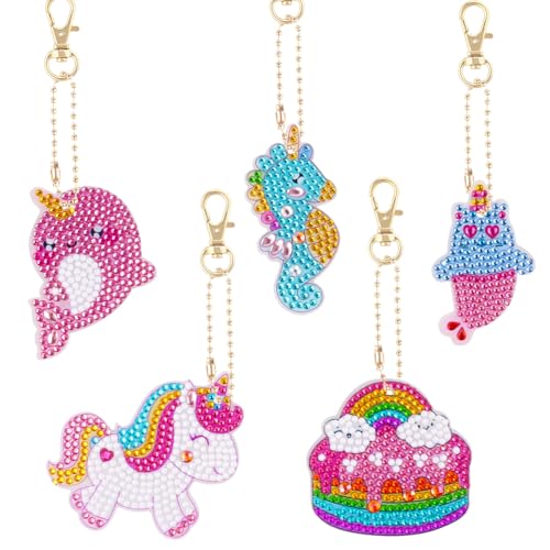 AUAUY 5D DIY Diamond Art Painting Schlüsselanhänger Set, 5pcs Strass Diamant Malerei Schlüsselanhänger, Diamant Painting Anhänger Kunsthandwerk für Weihnachten Kindergeburtstag Mädchen Geschenke von AUAUY