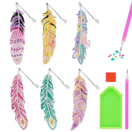 AUAUY 5D Diamond Painting Lesezeichen Set, 5PCS DIY Diamant Malerei Schlüsselanhänger Kinder Bookmark Feder Form Strass mit Kristall Anhänger für Seiten Markierungen Weihnachten Kindergeschenke von AUAUY