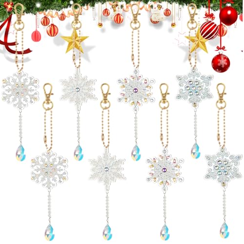 AUAUY 8PCS Diamond Painting Sonnenfänger Windspiel 5D Weihnachten Schneeflocken Anhänger DIY Doppelseitige Diamond Painting Schlüsselanhänger Kristall Hängender Ornament für Kinder Spielzeug Geschenke von AUAUY