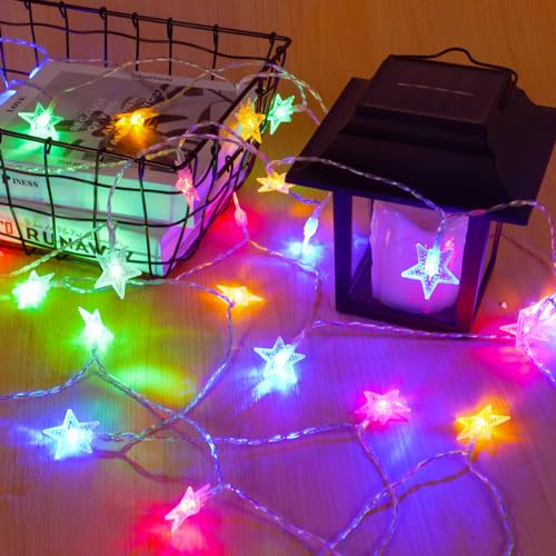AUAUY Bunt Sterne Lichterkette, 6M/19.7ft 40 LED Batteriebetriebene Lichterkette, Weihnachts Lichterkette, 2 Modi Wasserdichte für Innen-Außen-Hochzeitsfeier Neujahr Garten Weihnachtsdekoration von AUAUY