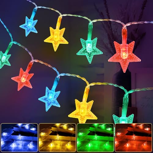 AUAUY Bunt Sterne Lichterkette, 6M/19.7ft 40 LED Batteriebetriebene Lichterkette, Weihnachts Lichterkette, 2 Modi Wasserdichte für Innen-Außen-Hochzeitsfeier Neujahr Garten Weihnachtsdekoration von AUAUY