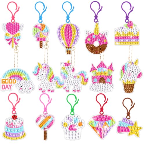 AUAUY Diamond Painting Kinder Set, 15pcs Einhorn Diamond Painting Anhänger, 5D Full Drill Diamond Painting Keychain Anhänger, DIY Diamond Painting Schlüsselanhänger Basteln Mädchen für Kindergeschenke von AUAUY