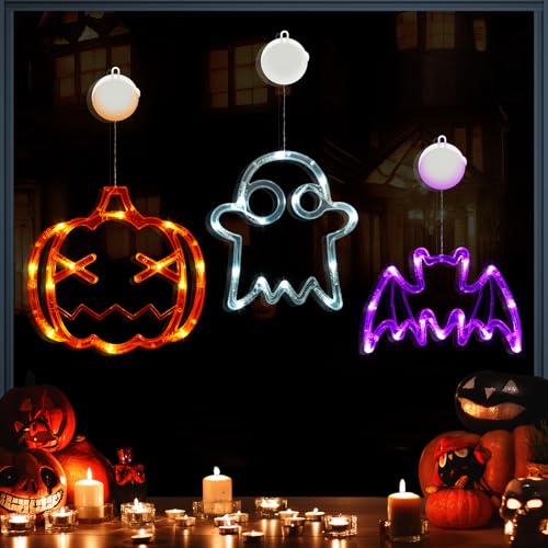 AUAUY Halloween Deko 3er-Pack Orange Kürbis weißes Geist lila Fledermaus Halloween Fensterlichter mit Saugnapf, Batteriebetriebene Innenbeleuchtung für Halloween-Fensterdekoration AUAUY Halloween Deko 3er-Pack Orange Kürbis weißes Geist lila Fledermaus Halloween Fensterlichter mit Saugnapf, Batteriebetriebene Innenbeleuchtung für Halloween-Fensterdekoration von AUAUY