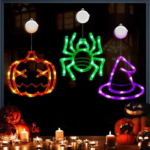 AUAUY Halloween-Dekorationen, 3er-Pack Orangefarbener Kürbis, Grüne Spinne und lila Hexenhut, Halloween-Fensterlichter mit Saugnapf, Batteriebetriebene Innenbeleuchtung für Halloween-Fensterdekoration AUAUY Halloween-Dekorationen, 3er-Pack Orangefarbener Kürbis, Grüne Spinne und lila Hexenhut, Halloween-Fensterlichter mit Saugnapf, Batteriebetriebene Innenbeleuchtung für Halloween-Fensterdekoration von AUAUY
