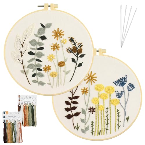 AUAUY Stickset für Anfänger, Blumenmuster Pflanzen Sticken Set Erwachsene Stickerei Set mit 2 Stück Bambus Stickrahmen, Anleitung, Farbfäden und Werkzeuge, Kreuzstich Set für DIY Kunst, Handwerk von AUAUY