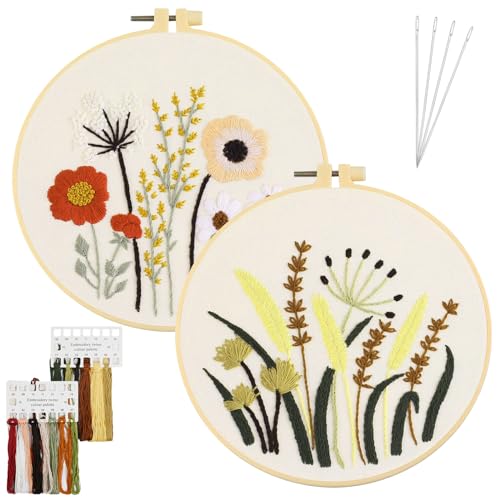 AUAUY Stickset für Anfänger, Blumenmuster Pflanzen Sticken Set Erwachsene Stickerei Set mit 2 Stück Bambus Stickrahmen, Anleitung, Farbfäden und Werkzeuge, Kreuzstich Set für DIY Kunst, Handwerk von AUAUY