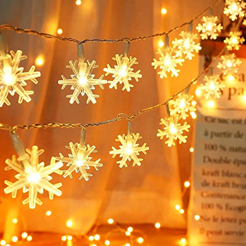 AUAUY Weihnachten Schneeflocke Lichterketten, 6M/19.6 ft 40 LED Batteriebetriebene Lichterketten, 2 Modi Wasserdichte für Innen-Außen-Hochzeitsfeier Neujahr Garten Weihnachtsdekoration (Warmweiß) von AUAUY