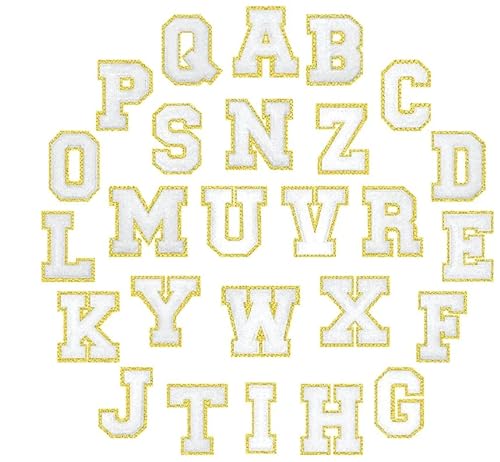 AUAUY 26 PCS Buchstaben-Patch zum Aufbügeln, Alphabet-Applikations-Patches, Dekorative Reparatur-Patches zum Aufbügeln oder Aufnähen, Selbstklebende, Bestickte Gold-Glitzer-Patches für Kleidung (A-Z) von AUAUY