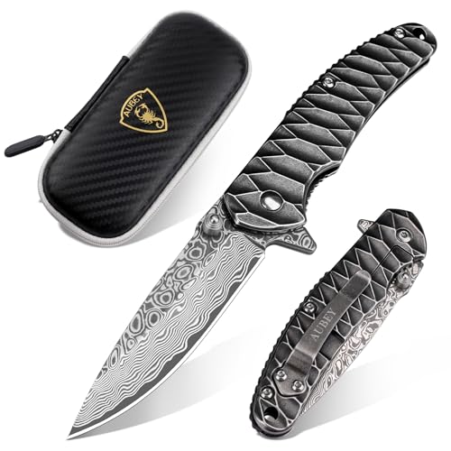 AUBEY Damast Taschenmesser Klappmesser Hochwertig mit Damaststahl Klinge, Edelstahlgriff, Gürtelclip- Scharf Einhandmesser EDC Messer Pocket Knife für Outdoor Camping Jagd Geschenk Sammeln AUBEY Damast Taschenmesser Klappmesser Hochwertig mit Damaststahl Klinge, Edelstahlgriff, Gürtelclip- Scharf Einhandmesser EDC Messer Pocket Knife für Outdoor Camping Jagd Geschenk Sammeln von AUBEY