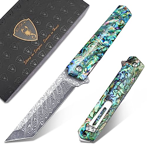 AUBEY Damast Taschenmesser klappmesser mit Clip, Scharf Tanto Messer mit Damaststahl Klinge, Abalone Muschel Griff, Messertasche, Einhandmesser für Männer Jagd Geschenk Sammeln von AUBEY