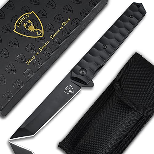 AUBEY Einhandmesser Taschenmesser mit Clip, Scharfe Tanto Klappmesser mit 440 Stahl Klinge, Flipper - EDC Messer Pocket Knife für Jagd Camping Geschenk Sammeln, Schwarz von AUBEY