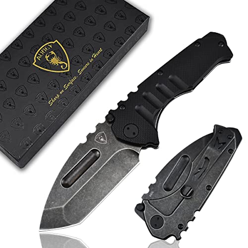 AUBEY Klappmesser Tanto Messer mit Clip, Scharfe Taschenmesser mit 440C Stahl Klinge, Schwarz G10 Griff, Glasbrecher, Geschenkbox - Pocket Knife für Outdoor Survival Jagd von AUBEY