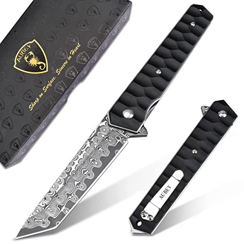 AUBEY Damast Taschenmesser Klappmesser mit Clip, Damaststahl Klinge Tanto Messer mit Flipper, Liner Lock, Aluminium Griff, Glasbrecher, Geschenkbox - Einhandmesser für EDC Jagd Camping Sammeln AUBEY Damast Taschenmesser Klappmesser mit Clip, Damaststahl Klinge Tanto Messer mit Flipper, Liner Lock, Aluminium Griff, Glasbrecher, Geschenkbox - Einhandmesser für EDC Jagd Camping Sammeln von AUBEY