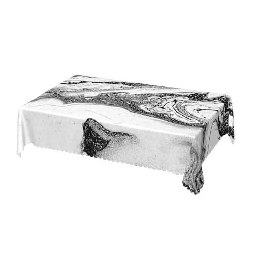 AUBKFELD Rechteckige Tischdecke mit Marmordruck, mit Spitzenrand, 183 x 137 cm, Polyester, wasserabweisend, wiederverwendbar, Tischdecke für Picknick, Küche, Urlaub, Party, Schwarz und Weiß von AUBKFELD