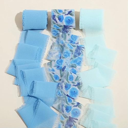 Chiffonband mit bedruckten Blumen, ausgefranster Rand, handgefertigt, für Hochzeitseinladungen, Blumenstrauß, Geburt, Party, DIY, Dec, Geschenk, 3 Rollen von AUCBGJQCPM