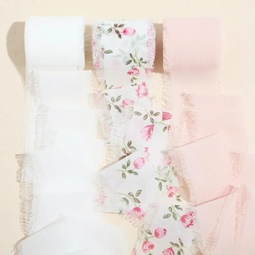 Mix 3 Rollen 5 m handgefertigtes Fransenband Chiffon Seidenband Gaze weiß & grün Bänder Set für Hochzeitsgeschenke Verpackung DIY Dekorationen von AUCBGJQCPM
